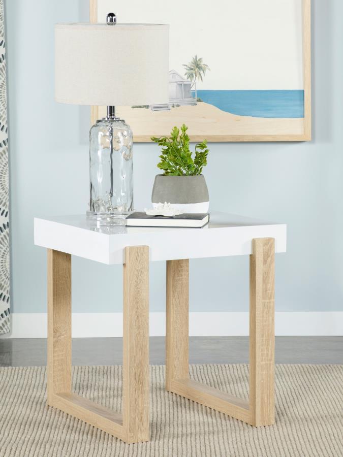 Pala - Rectangular End Table With Sled Base - White High Gloss And Natural