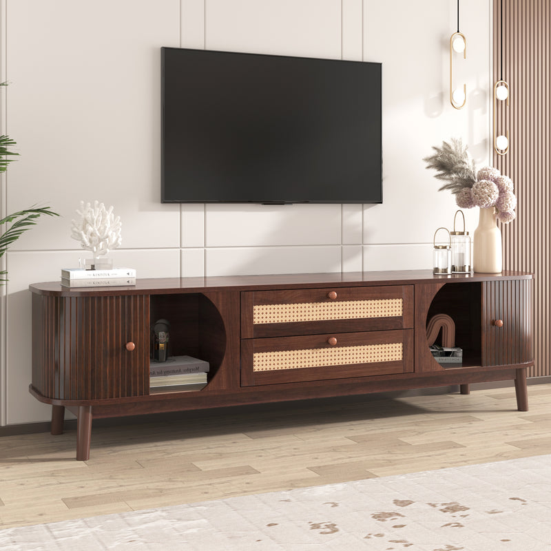 Rattan TV Stand for TVs up to 75'', Modern Farmhouse Media Console, Entertainment Center with Solid Wood Legs, TV Cabinet for Living Room,Home Theatre