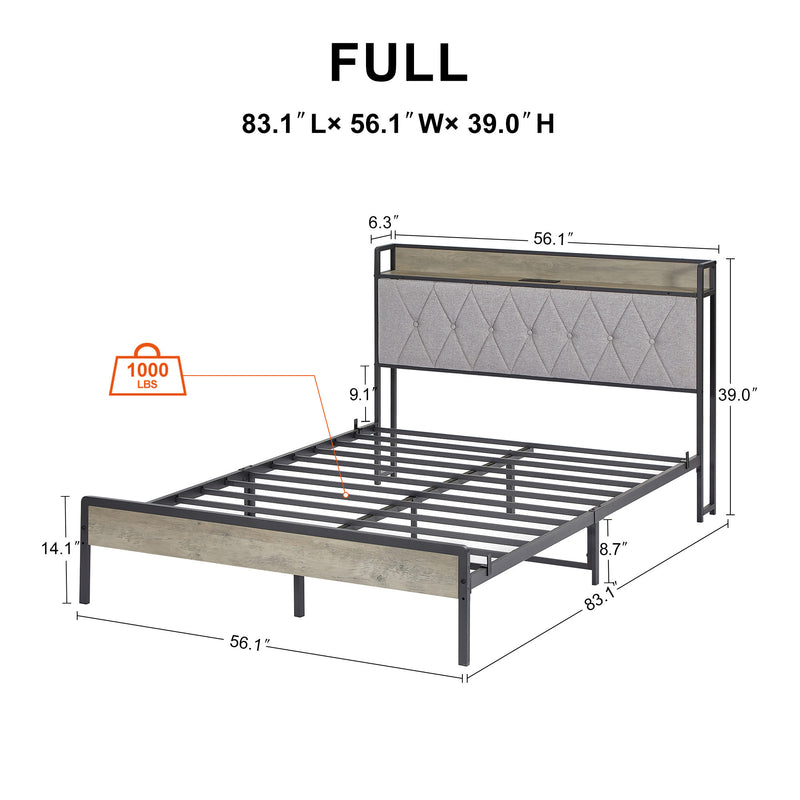 Bed frame with charging station full size, Grey, 83.1'' L x 56.1'' W x 39.2'' H.