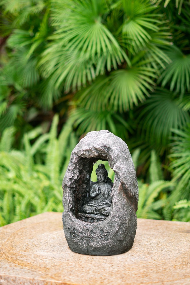 Decorative Tabletop Water Fountain With Sitting Buddha And LED Light, For Indoor Outdoor - Gray