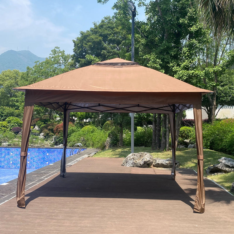 Outdoor 11X 11Ft Pop Up Gazebo Canopy With Removable Zipper Netting, 2 Tier Soft Top Event Tent, Suitable For Patio Backyard Garden Camping Area With 4 Sandbags - Brown