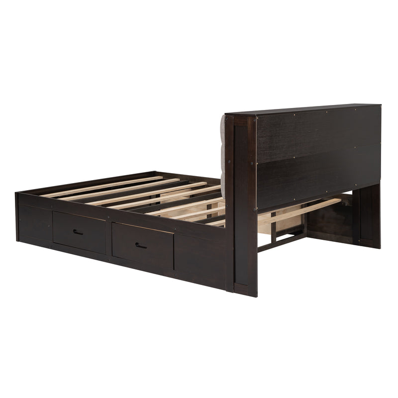 Wood Queen Size Platform Bed with Storage Headboard, shoe rack and 4 drawers,Espresso