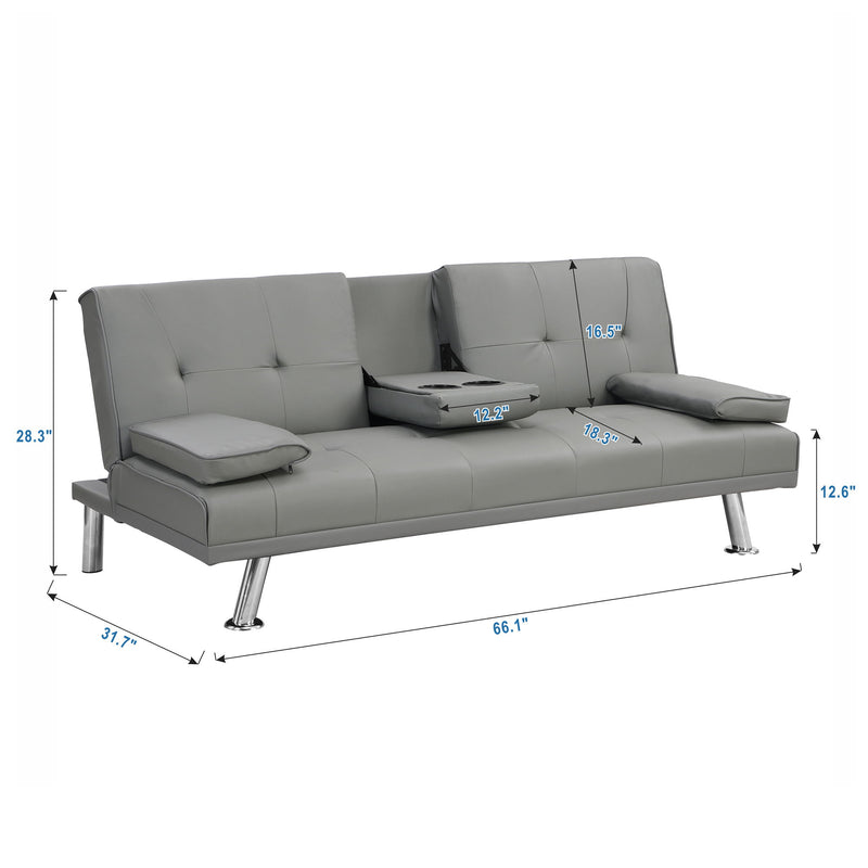 Sofa Bed With Armrest Two Holders Wood Frame, Stainless Leg Futon