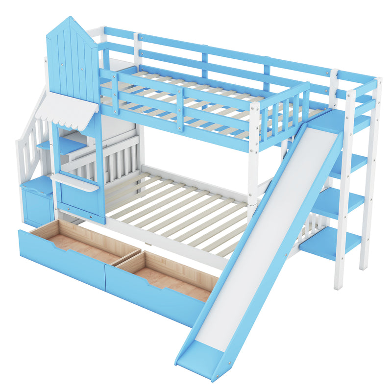 Twin-Over-Twin Castle Style Bunk Bed with 2 Drawers 3 Shelves and Slide - Blue