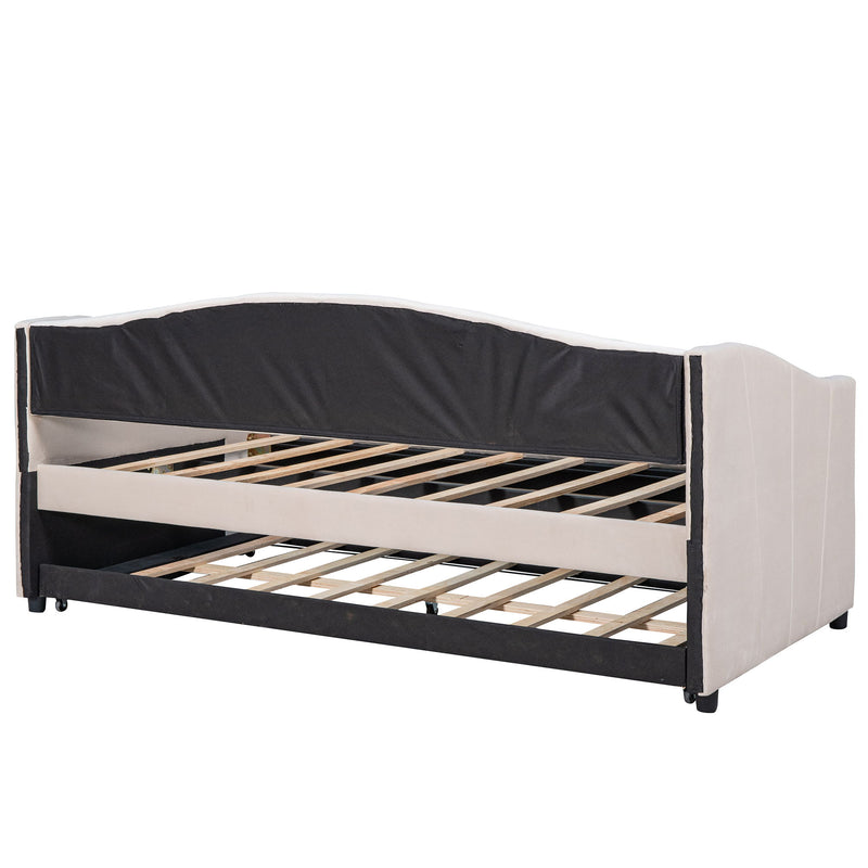 Twin Size Upholstered Daybed Sofa Bed With Trundle Bed And Wood Slat - Beige