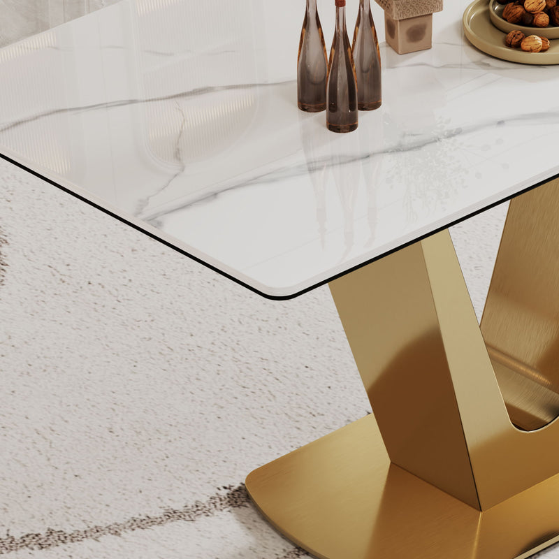 Sintered Stone Composite Tempered Glass Top Dining Table With V-Shape Stainless Steel Base - Gold