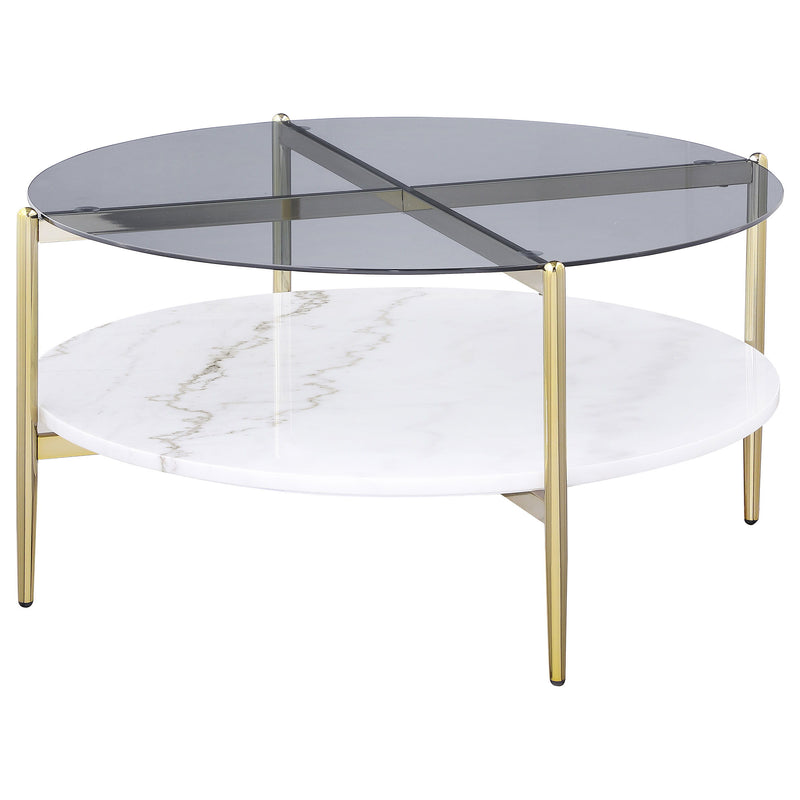 Jonelle - Round Glass Top Coffee Table White Marble Shelf Gold - Smoke