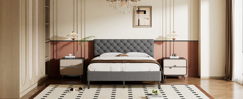 Upholstered Linen Platform Bed, Queen Size, Gray