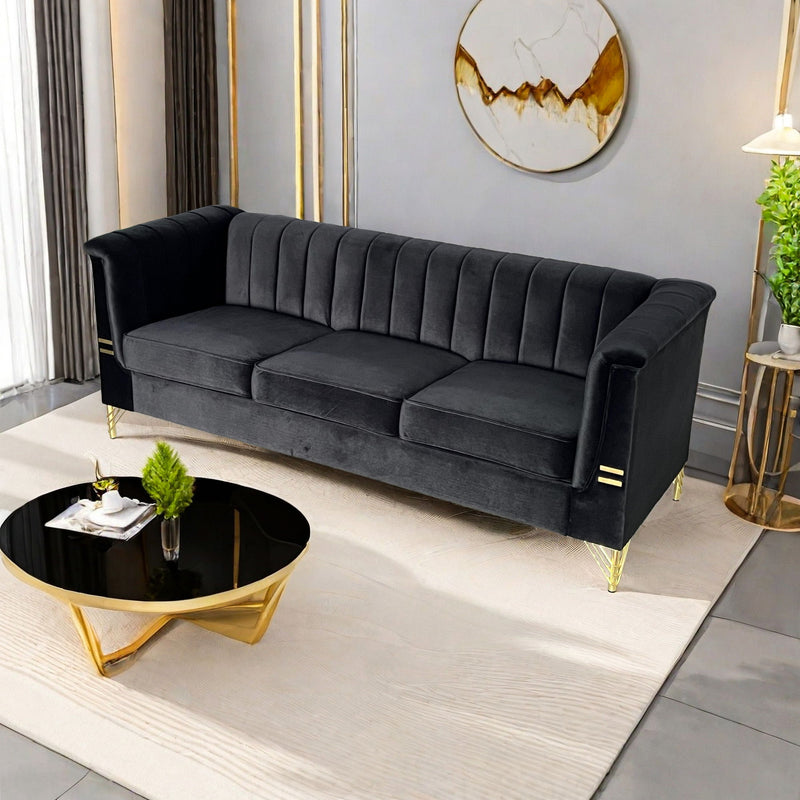 Fx-P82-Bk (Sofa) Modern Sofa Couches For Living Room, Velvet Tight Back Chesterfield Design Couch Upholstered Sofa With Metal Legs Decor Furniture For Bedroom - Black