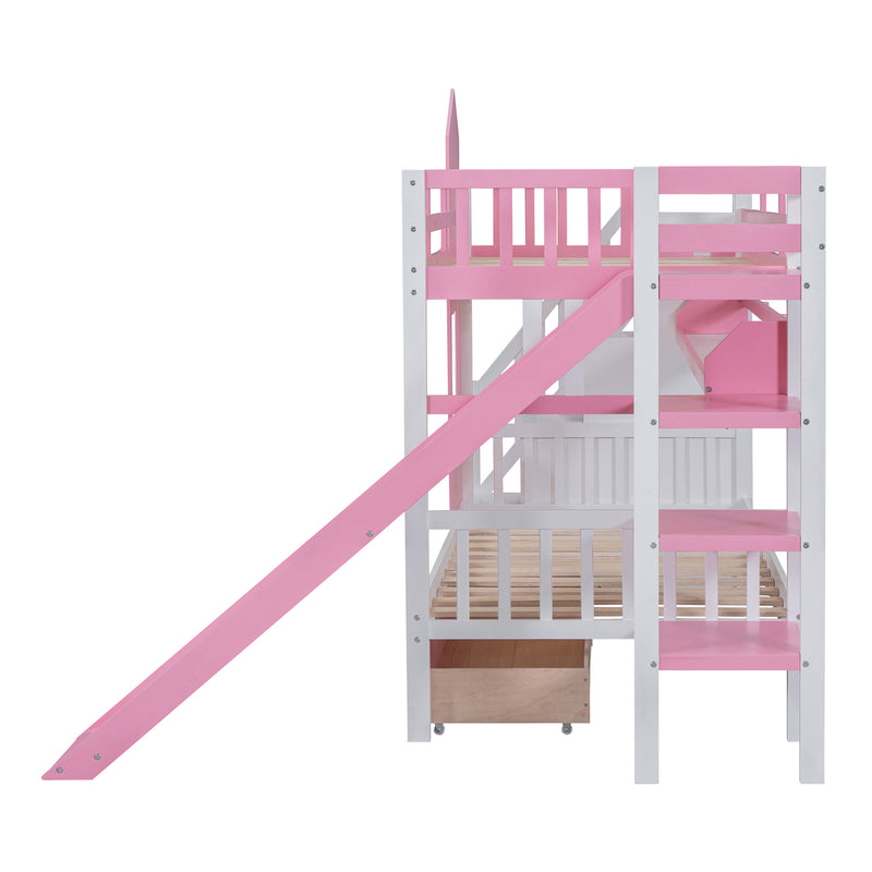 Twin-Over-Twin Castle Style Bunk Bed with 2 Drawers 3 Shelves and Slide - Pink