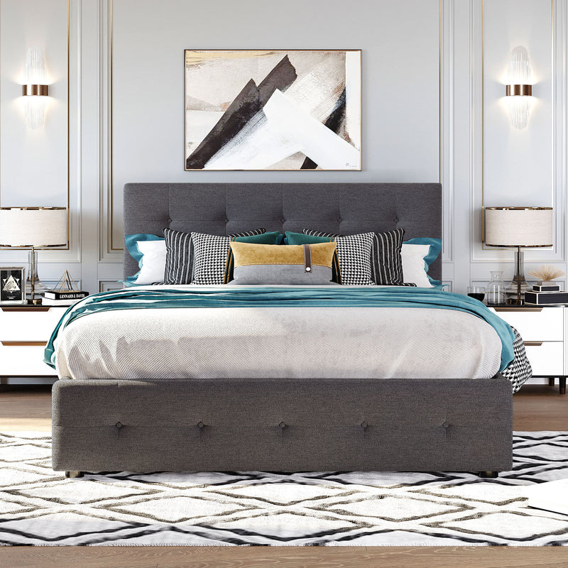 Upholstered Platform Bed with 2 Drawers and 1 Twin XL Trundle,  Linen Fabric, Queen Size - Dark Gray(OLD SKU :LP000314AAE)