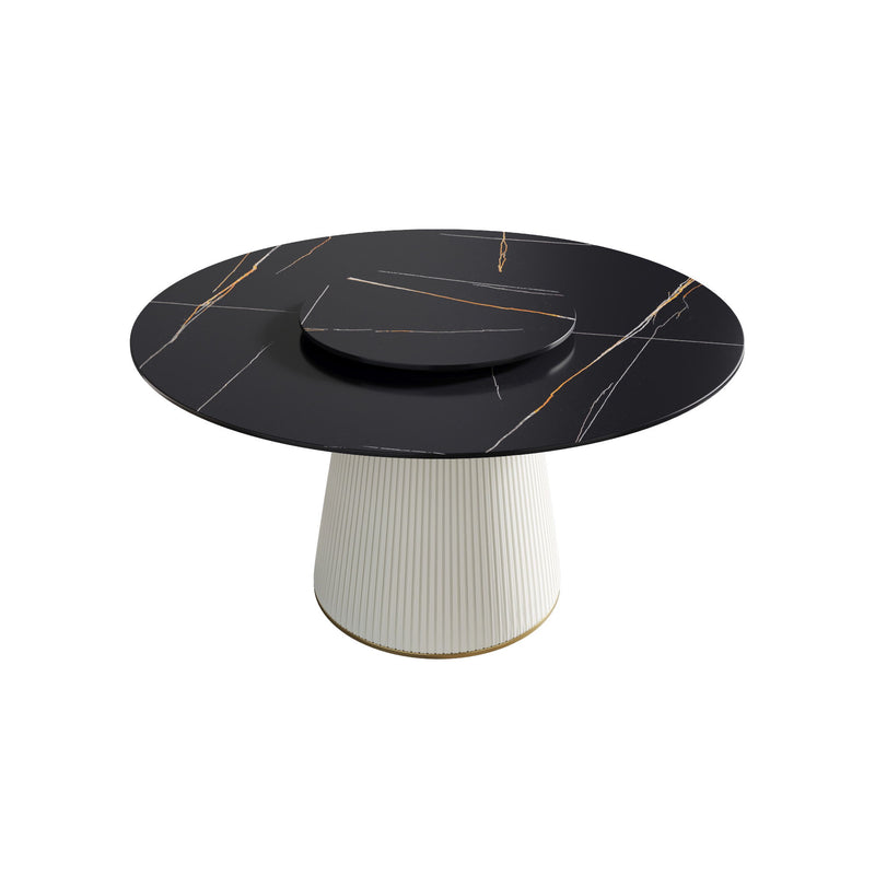 Modern Artificial Stone Round Plywood PU Base Dining Table, Can Accommodate 6 People-23.6" Artificial Stone Turntable (Not Including Chairs) - Black / Beige