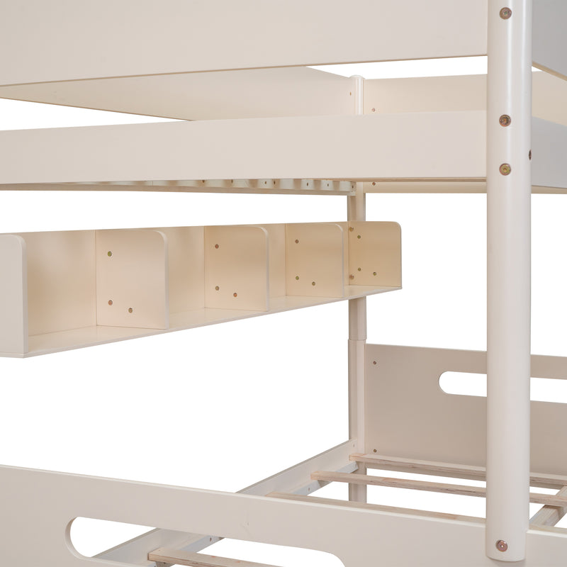 Wood Twin over Full Bunk Bed with Storage Shelves and Twin Size Trundle, Cream