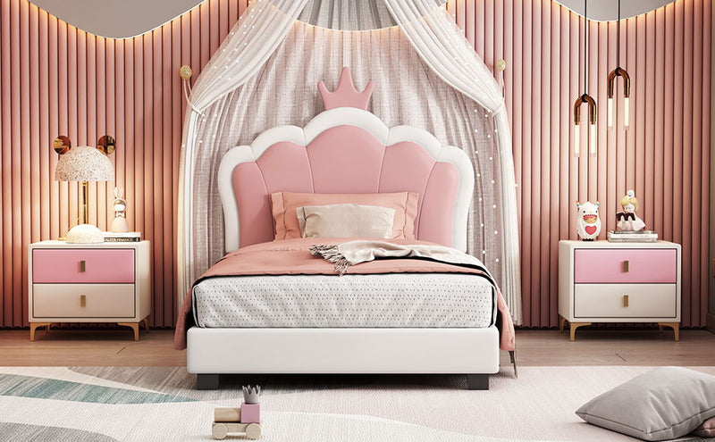 Twin Size Upholstered Princess Bed With Crown Headboard, Twin Size Platform Bed With Headboard And Footboard - White / Pink