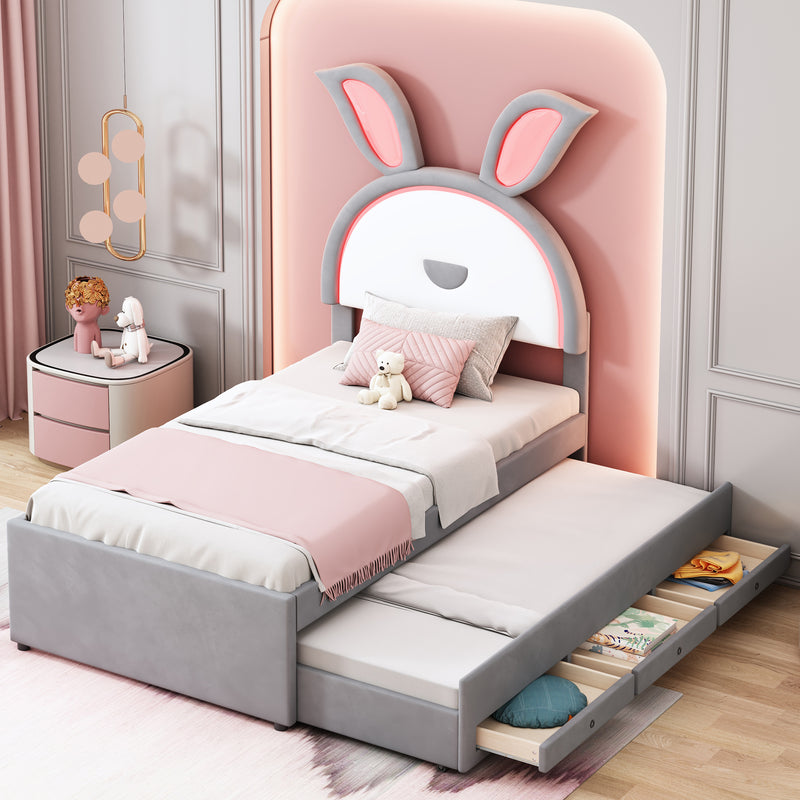 Twin Size Upholstered Platform Bed with Trundle and 3 Drawers, Rabbit-Shaped Headboard with Embedded LED Lights, Gray