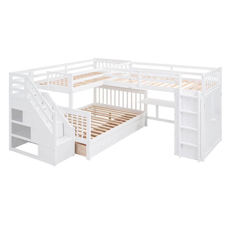 Twin-Twin over Full L-Shaped Bunk Bed With 3 Drawers, Portable Desk and Wardrobe, White