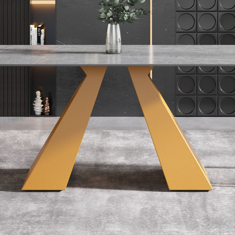 70.87" Modern Artificial Stone Gray Straight Edge Golden Metal Leg Dining Table, Can Accommodate 6-8 People - Gray / Gold