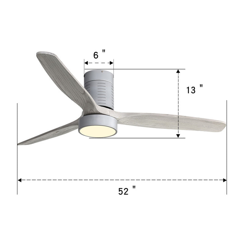 52" Indoor Flush Mount Ceiling Fan With 3 Solid Wood Blades Remote Control Reversible Dc Motor With LED Light - Gray