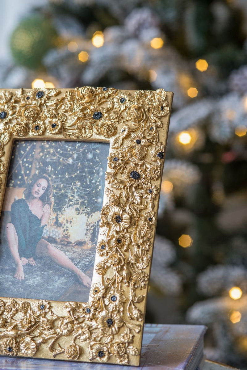 Vintage Photo Frame With Flower Design - Gold / Black