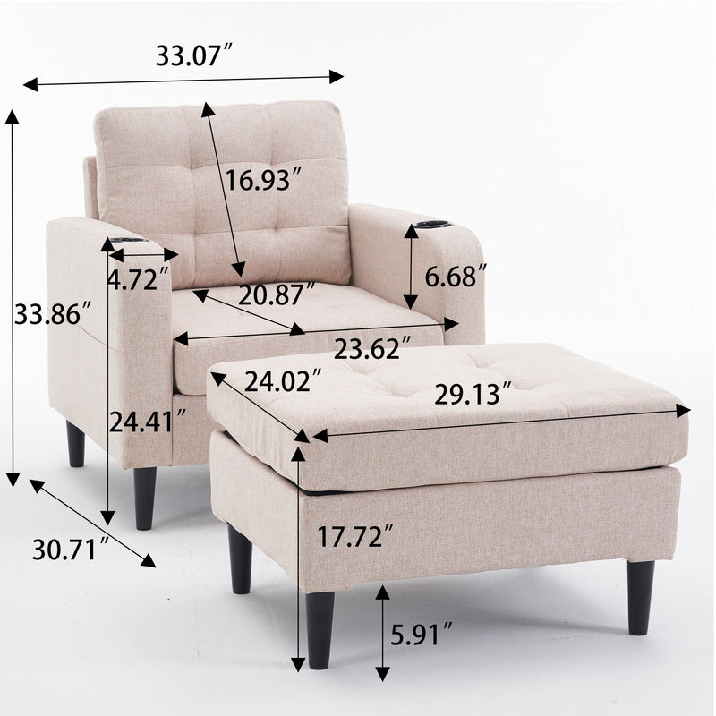 Beige Upholstered Armchair And Storage Ottoman Set, Comfortable Single Sofa With Cup Holders And Tufted Detailing, Ideal For Living Room Or Bedroom - Beige