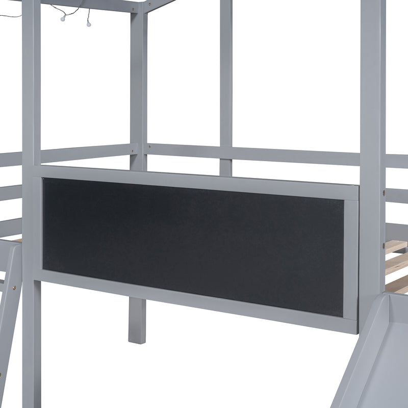 Twin Size Loft Bed with Ladder and Slide, House Bed with Blackboard and Light Strip on the Roof, Gray