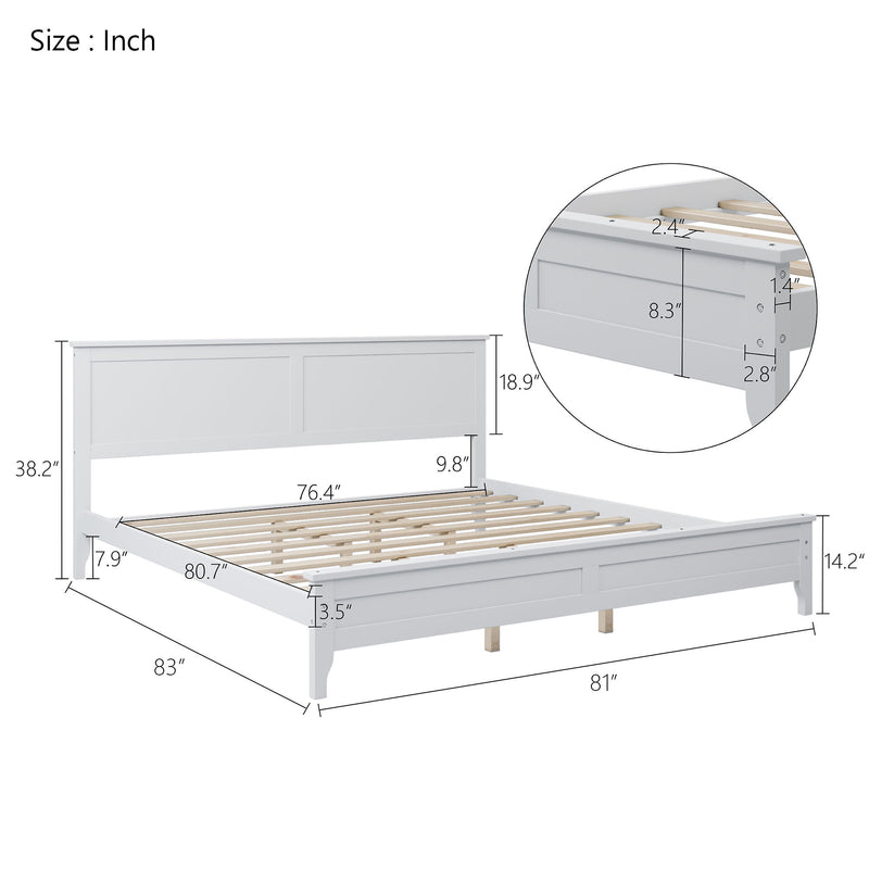 King Platform Bed Modern Solid Wood - White