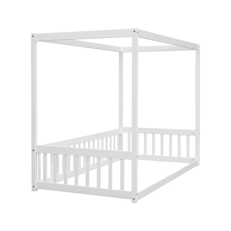 Twin Size Canopy Frame Floor Bed with Fence, Guardrails,White