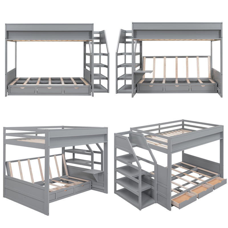 Wood Full Size Convertible Bunk Bed with Storage Staircase, Bedside Table, and 3 Drawers, Gray