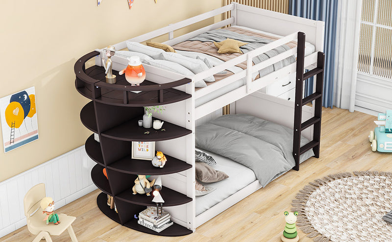 Twin over Twin Boat-Like Shape Bunk Bed with Storage Shelves, Cream+Espresso