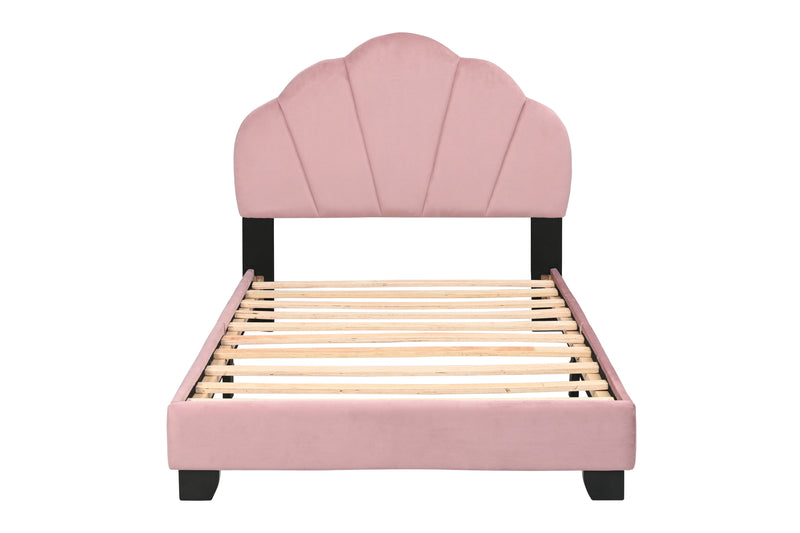 Upholstered Twin Size Platform Bed for Kids, with Slatted Bed Base, No Box Spring Needed, Pink color, Shell Design