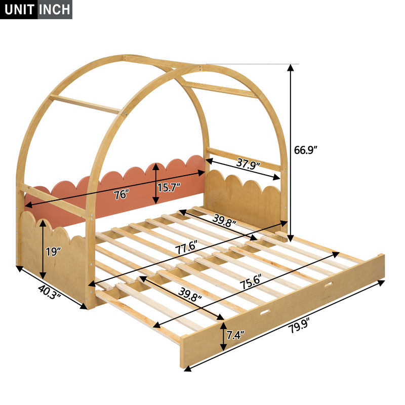 Twin size stretchable vaulted roof bed, children's bed pine wood frame, natural and orange