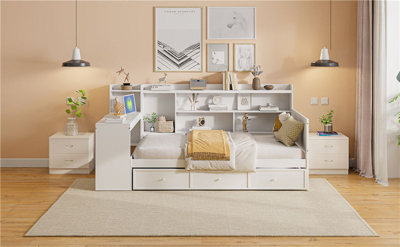 Twin Size Wooden Daybed With 3 Drawers, USB Ports And Desk - White