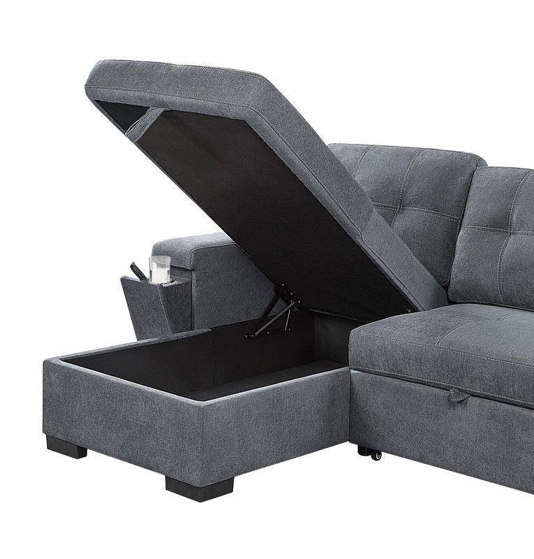 Toby - Woven Fabric Reversible Sleeper Sectional Sofa With Storage Chaise Cup Holder Charging Ports And Pockets