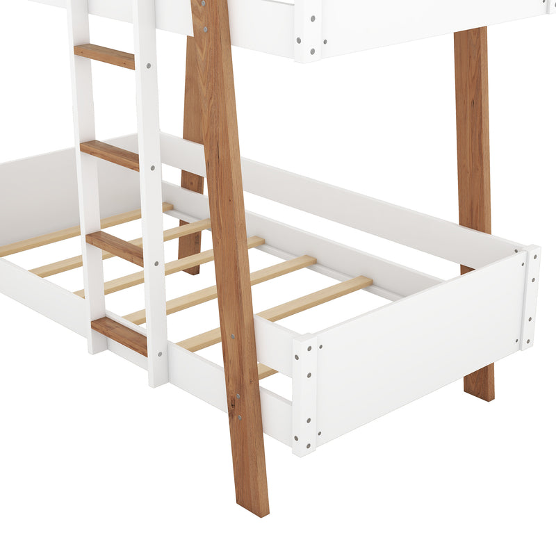 Wood Twin Size Bunk Bed with Built-in Ladder and 4 Wood Color Columns, White