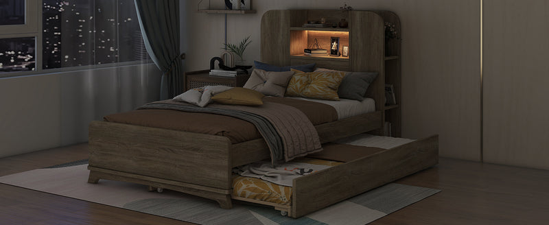 Twin Size Storage Platform Bed Frame with with Trundle and Light Strip Design in Headboard,Natural