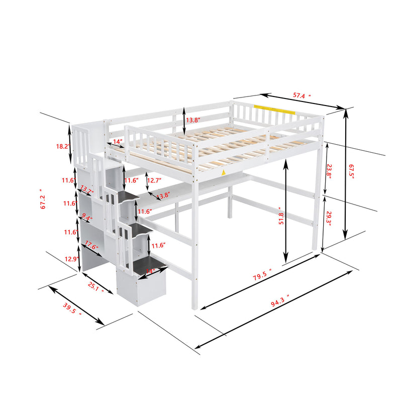 Full Size Loft Bed With Built-In Desk, Bookshelves And Storage Staircase - White