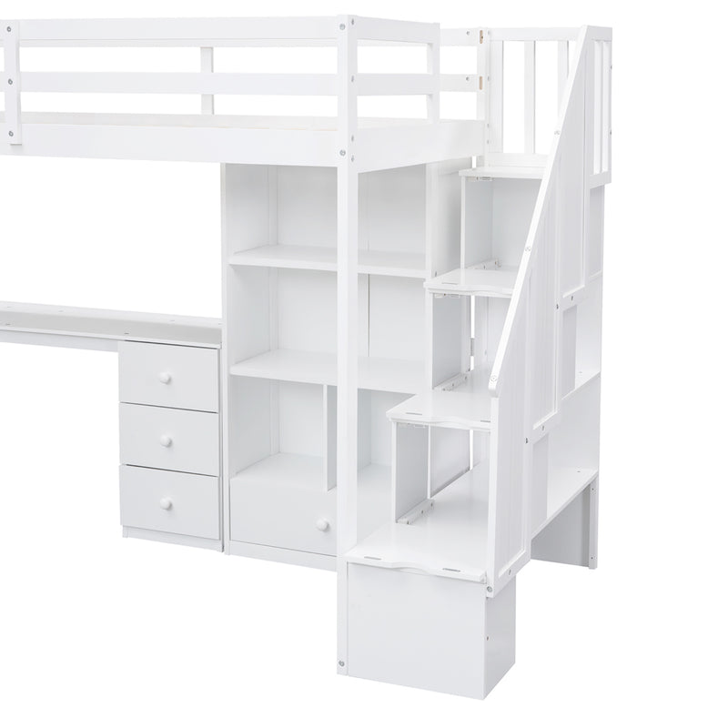 Twin Size Loft Bed with L-Shaped Desk and Drawers, Cabinet and Storage Staircase, White