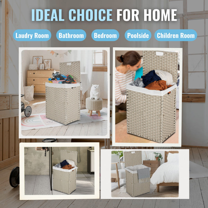 Laundry Hamper With Lid PE Rattan Powder Coating Frame Clothes Hampers With 2 Removable Bags