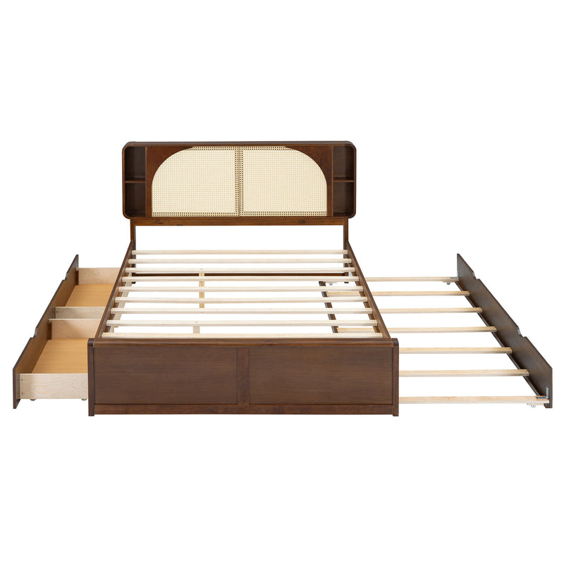 Queen Size Rattan Headboard Bed With Two Drawers And Trundle Walnut