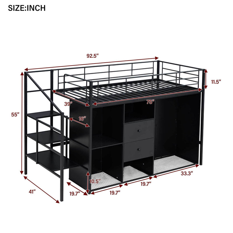 Twin Size Metal Loft Bed with Drawers, Storage Staircase and Small Wardrobe