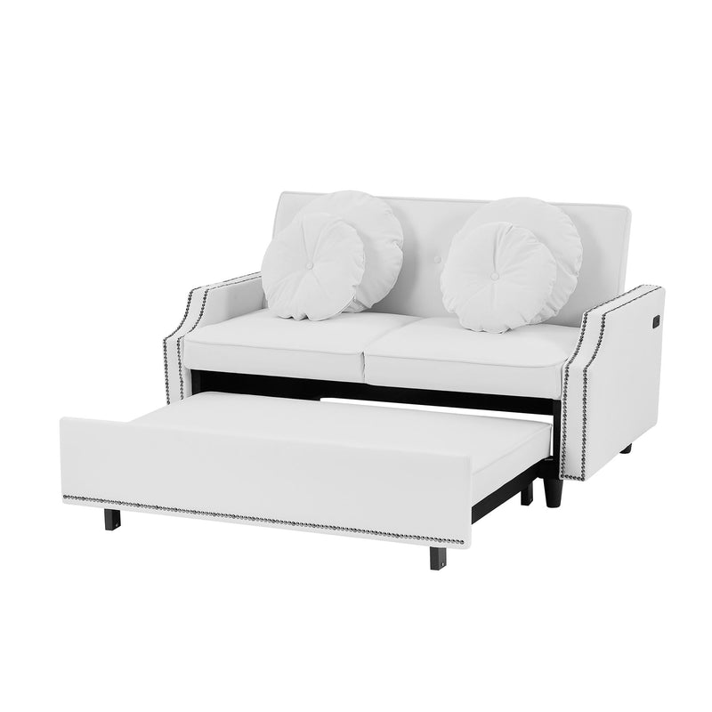 Multiple Adjustable Positions Sofa Bed Stylish Sofa Bed With A Button Tufted Backrest, Two USB Ports And Four Floral Lumbar Pillows For Living Room, Bedroom, Or Small Space