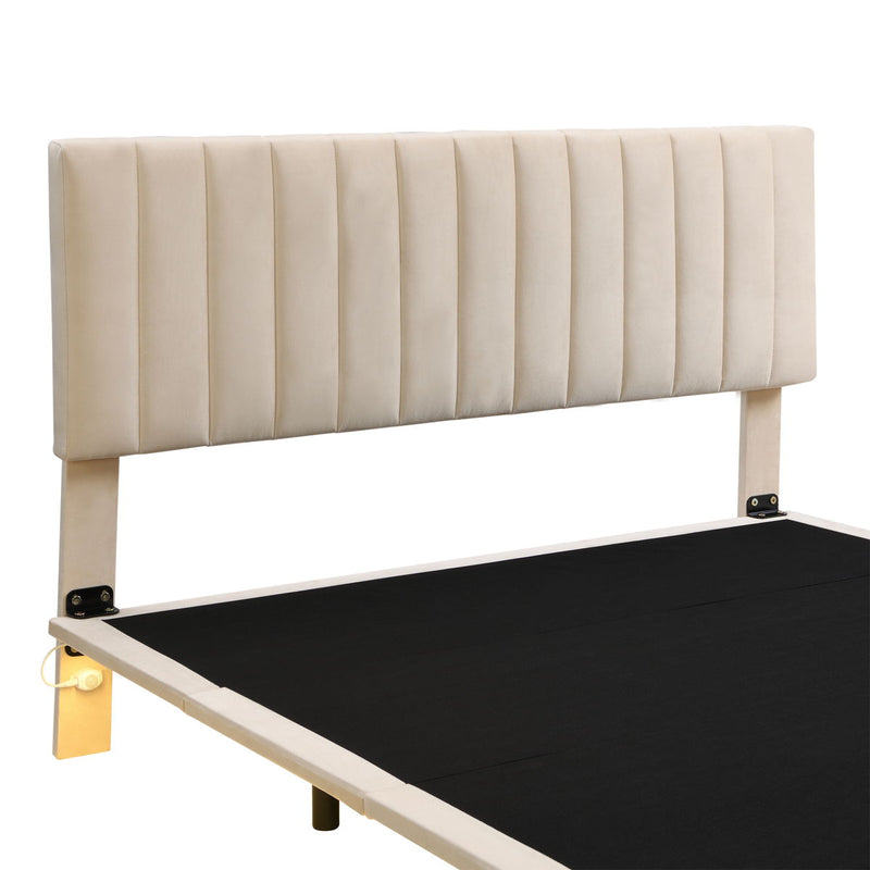 Queen Size Upholstered Bed With Sensor Light And Headboard, Floating Velvet Platform Bed - Beige