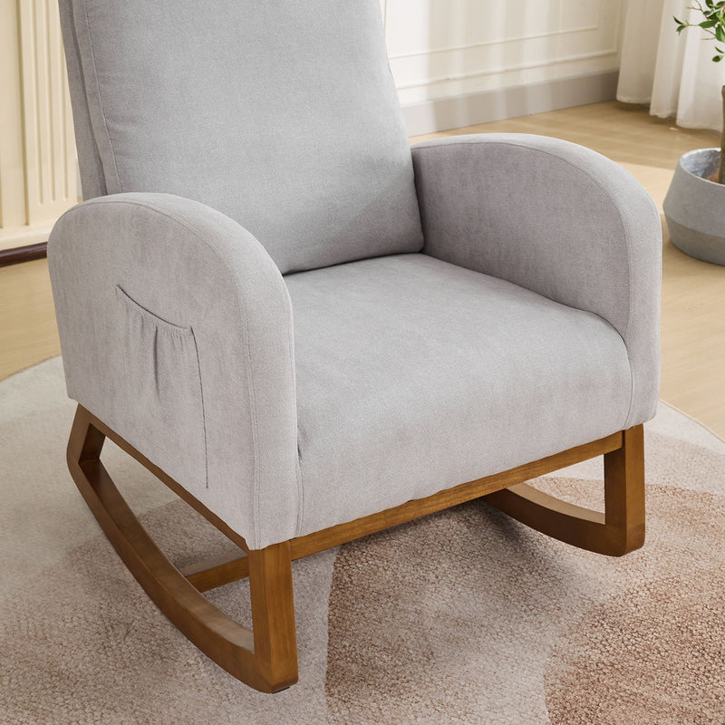 Rocking Chair For Nursery, Polyester Glider Chair With High Back And Side Pocket, Rocking Accent Armchair With Rubber Wood Legs For Living Room / Bedroom