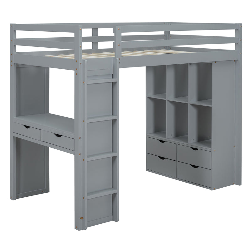 Twin Size Loft Bed with large shelves, writing desk and LED Light, Gray