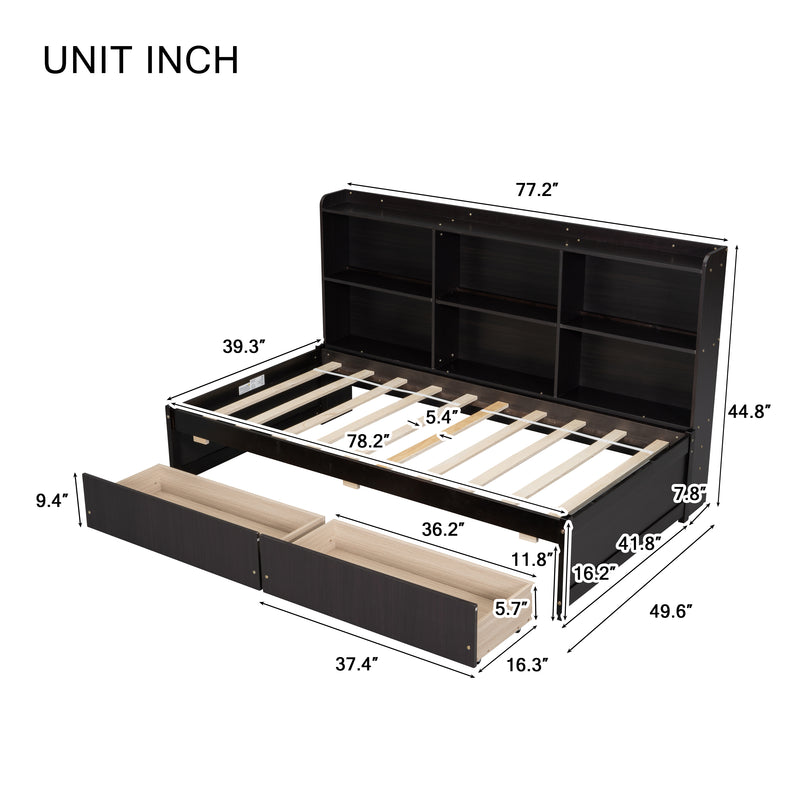 Twin Bed with Side Bookcase, Drawers ,Espresso