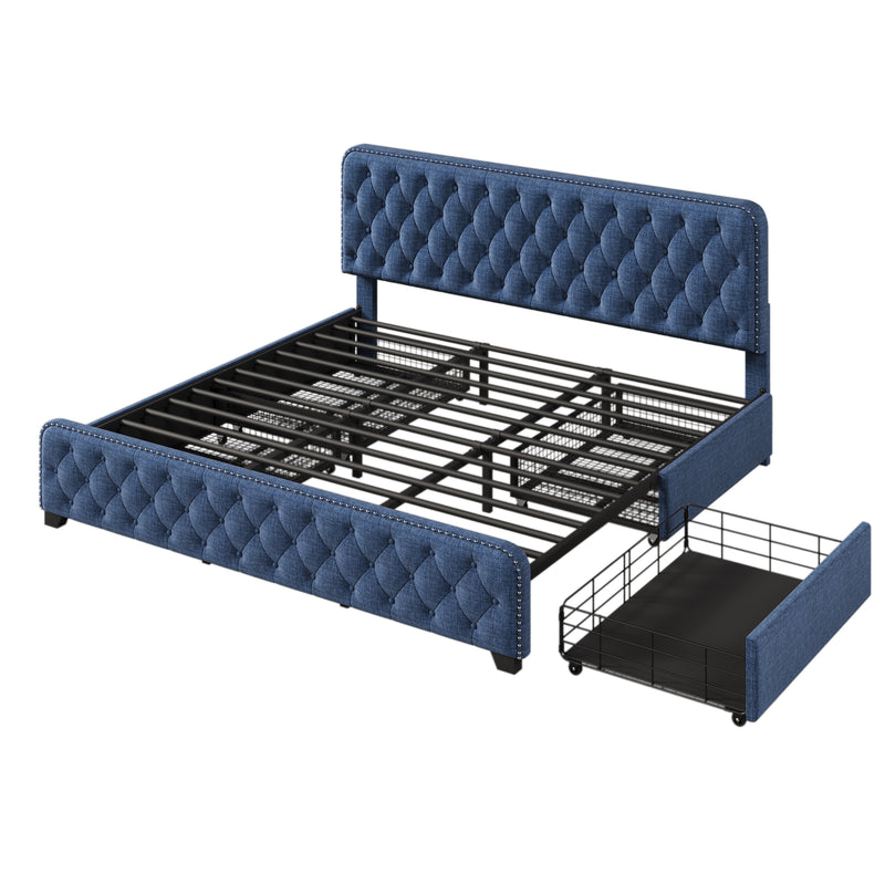 Upholstered Platform Bed Frame with Four Drawers, Button Tufted Headboard and Footboard Sturdy Metal Support, No Box Spring Required, Blue, King (Old sku: BS300277AAC)