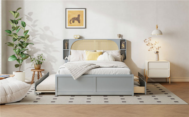 Queen Size Rattan Headboard Bed With Two Drawers And Trundle - Gray