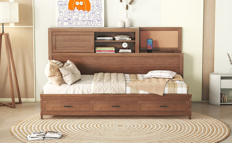 Twin Size Wooden Daybed with 3 Storage Drawers, Upper Soft Board, shelf, and a set of Sockets and USB Ports, Brown