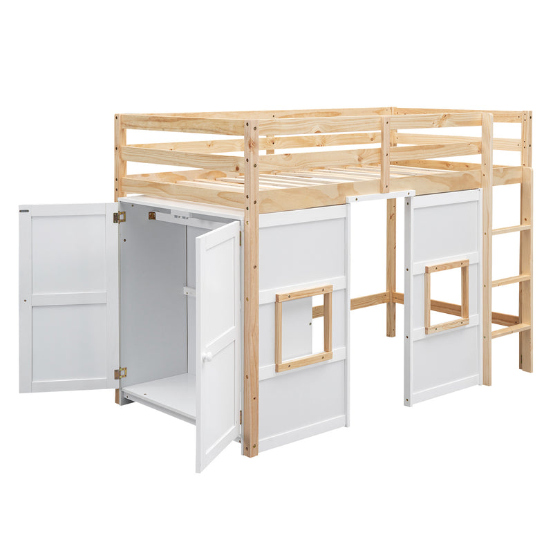 Wood Twin Size Loft Bed with Built-in Storage Wardrobe and 2 Windows, Natural/White