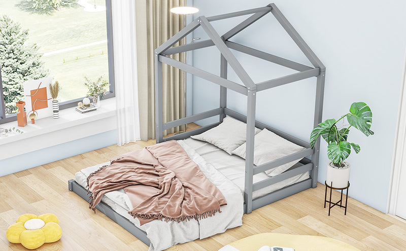 Wood Full Size House Bed with Guardrail, Grey